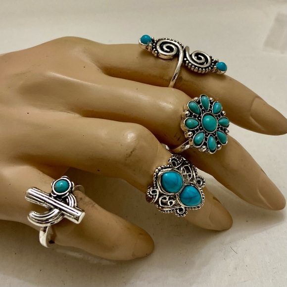 Vintage 4pc Silver Tone- Faux Turquoise Rings (I) - Picture 2 of 13